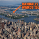 A photo of the New York skyline taken from above with an orange arrow pointing to Randalls Island in the East River.